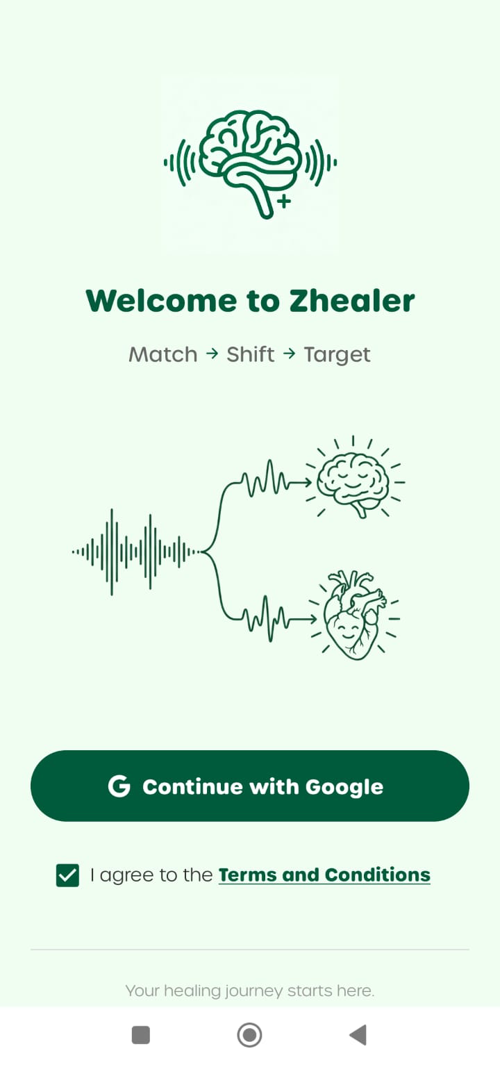 Zhealer welcome screen with Google sign-in and ISO Principle