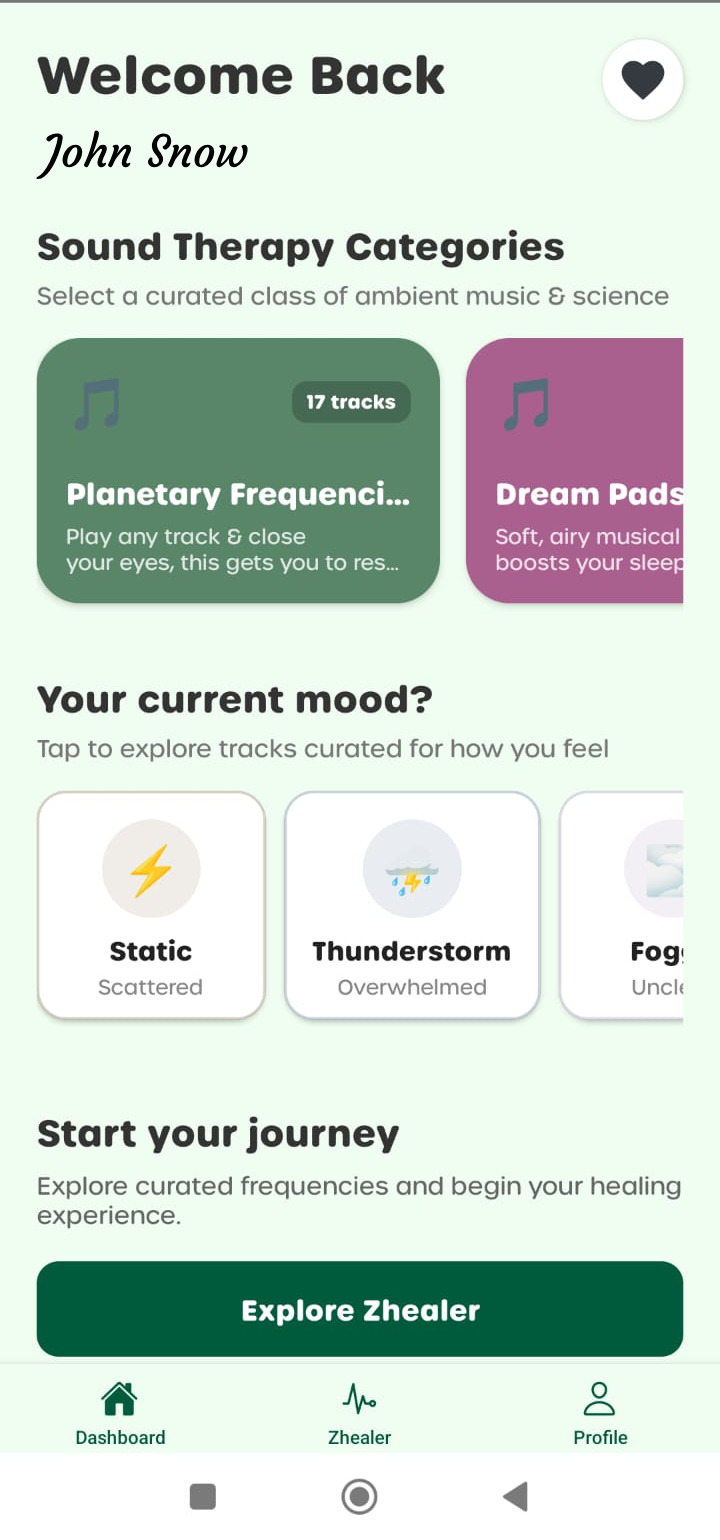 Zhealer dashboard with mood selection and sound therapy categories